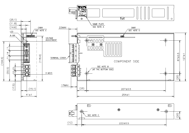 Technische Zeichnung - TDK-Lambda GXE600 Schaltnetzteile